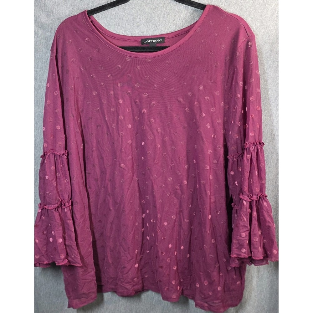 Lane Bryant Mesh Top Plus Size 26/28 26 28 Berry Burgundy Tiered Ruffle Sheer Sl